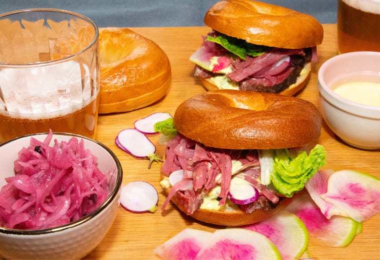 Bagel with Beer Ham Hock and Mustard Tartare Sauce with Garlic Mayonnaise Sauce