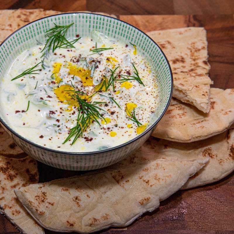 Fussels Tzatziki dip with garlic oil drizzle