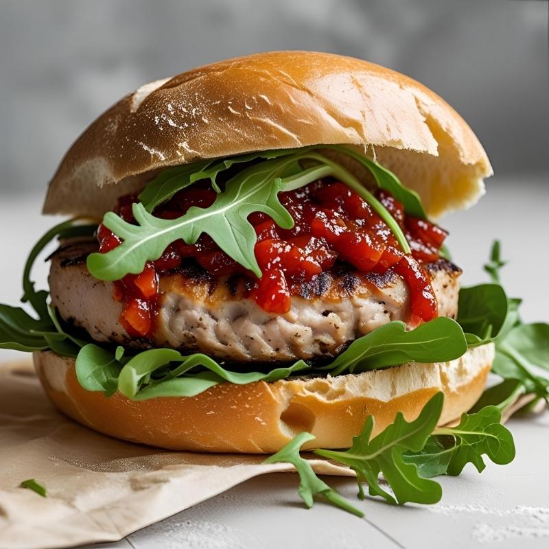 Fussels Turkey Burgers with Sticky Pepper Relish and Rocket