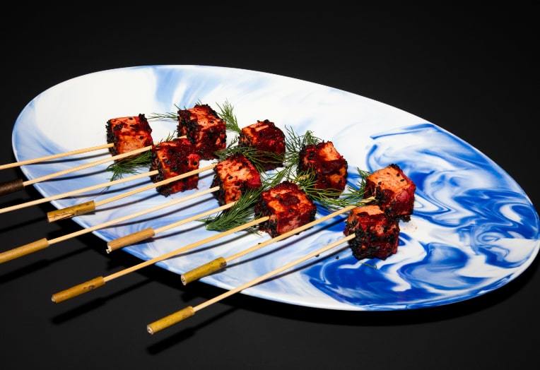 Spicy Tofu Canapés on Plate, Made With Fussels Garlic Oil for Cooking