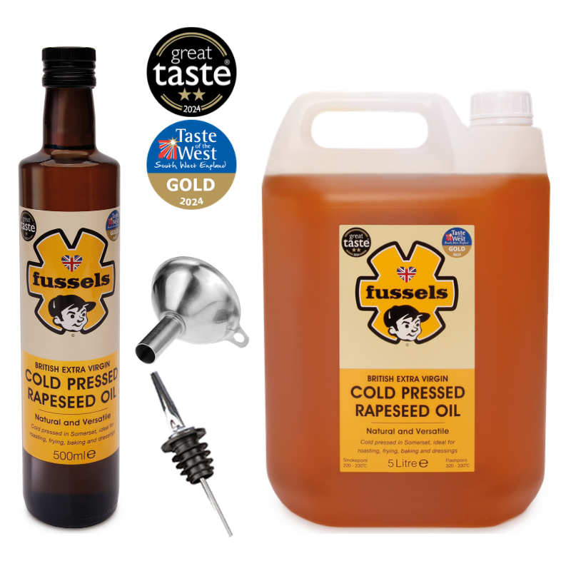 Fussels Cold Pressed Rapeseed Oil 5L container, 5ooml bottle, funnel and pourer value refill starter kit
