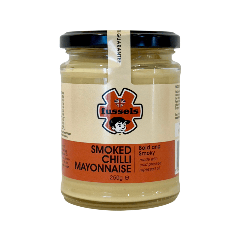 Jar of Fussels Smoked Chilli Mayonnaise on a white background